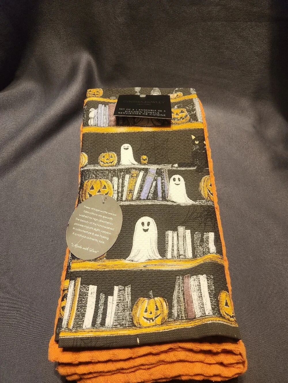 GHOSTS Reading BOOKS Orange Black 3 Halloween Kitchen Towels Cynthia Rowley NWT